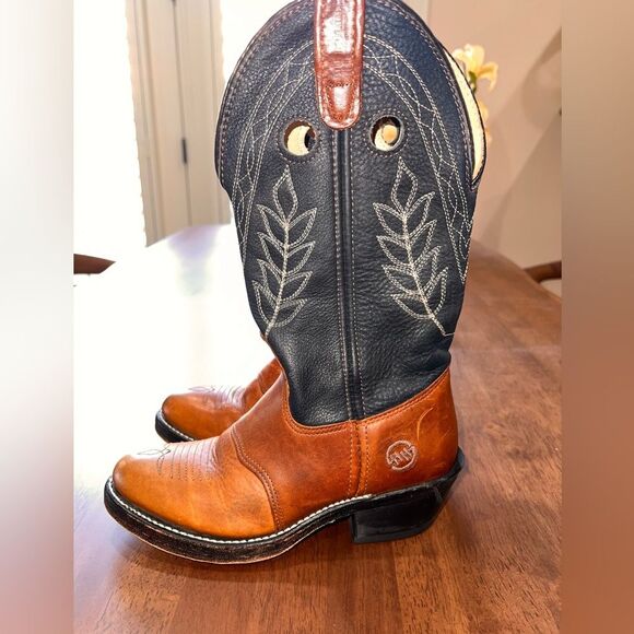 Vtg Double-H Western Cowboy Boots Sz 6 M Bold Stitch Leather Thick Sole USA Made - Picture 2 of 12
